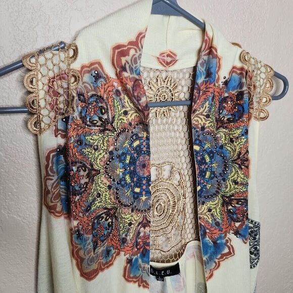 B.L.E.U Top Women's Large Multicolor Arabesque Lace Detail Rhinestone Open Front - Picture 3 of 8